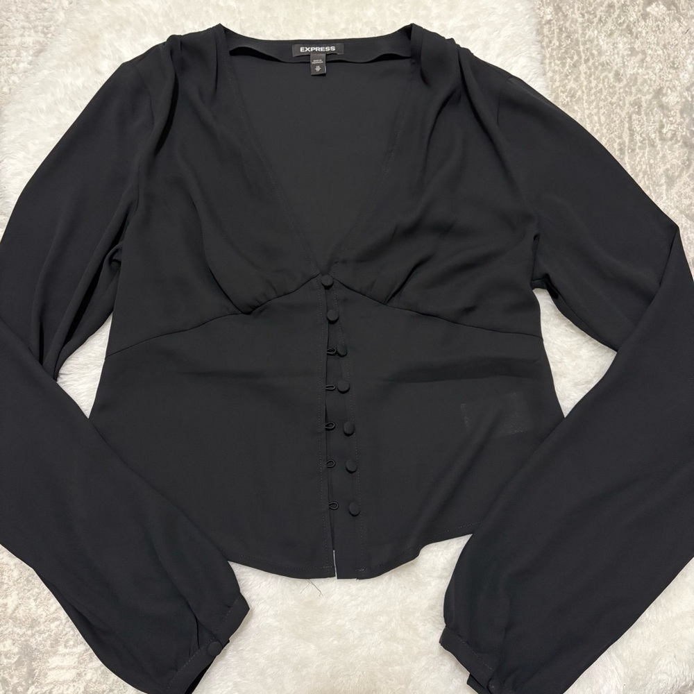 EXPRESS black long puff sleeve button down peplum blouse top